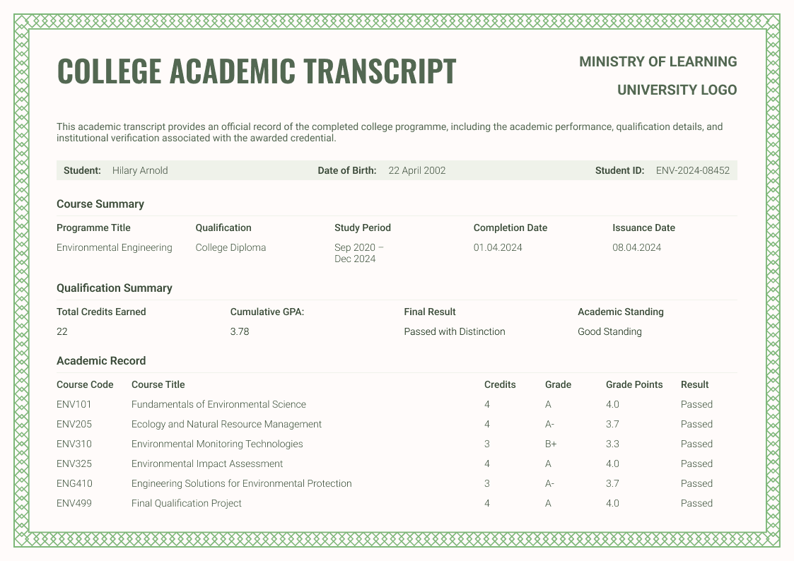 Green College Academic Transcript image 1