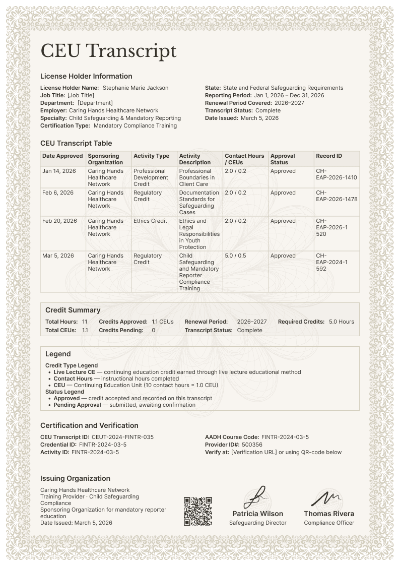 Formal Brown CEU Transcript image 1