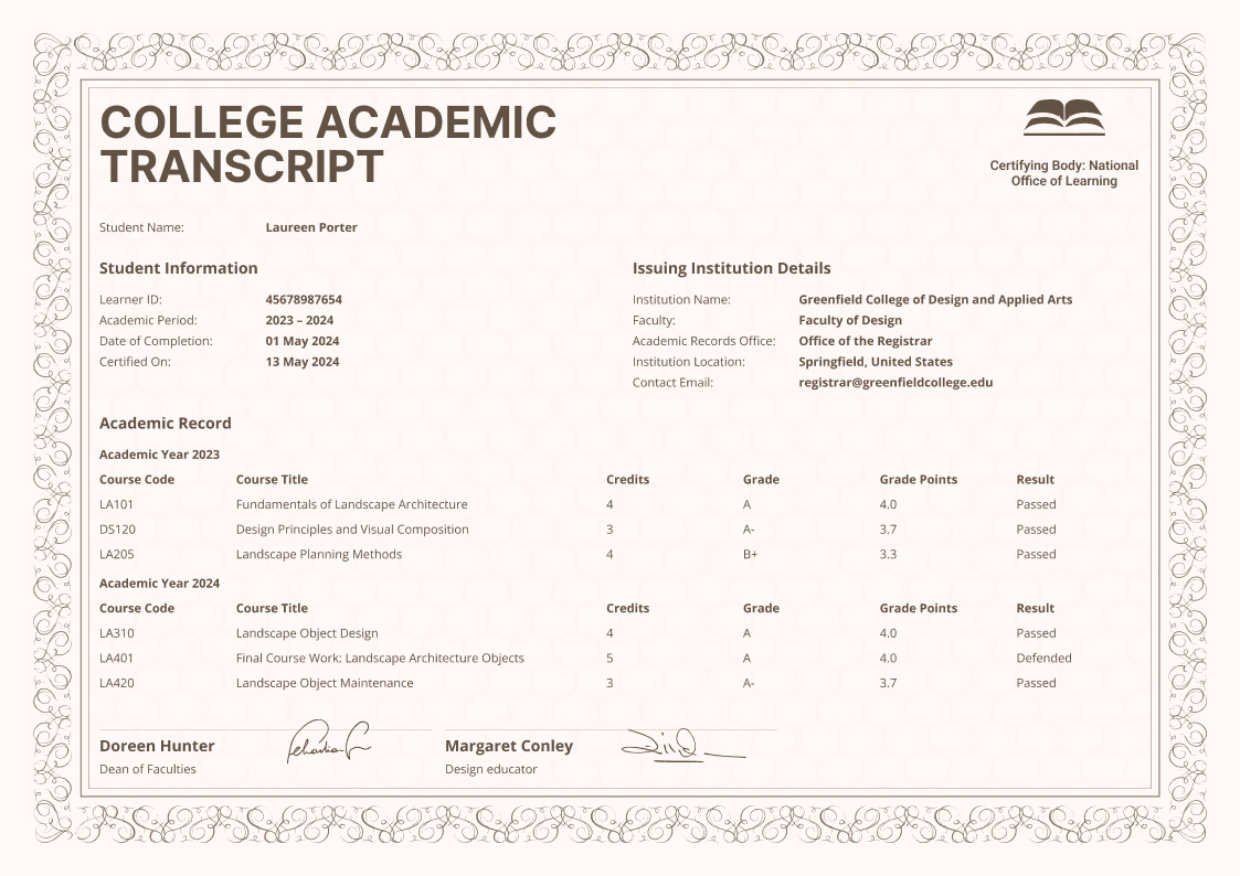 Beige College Academic Transcript image 1