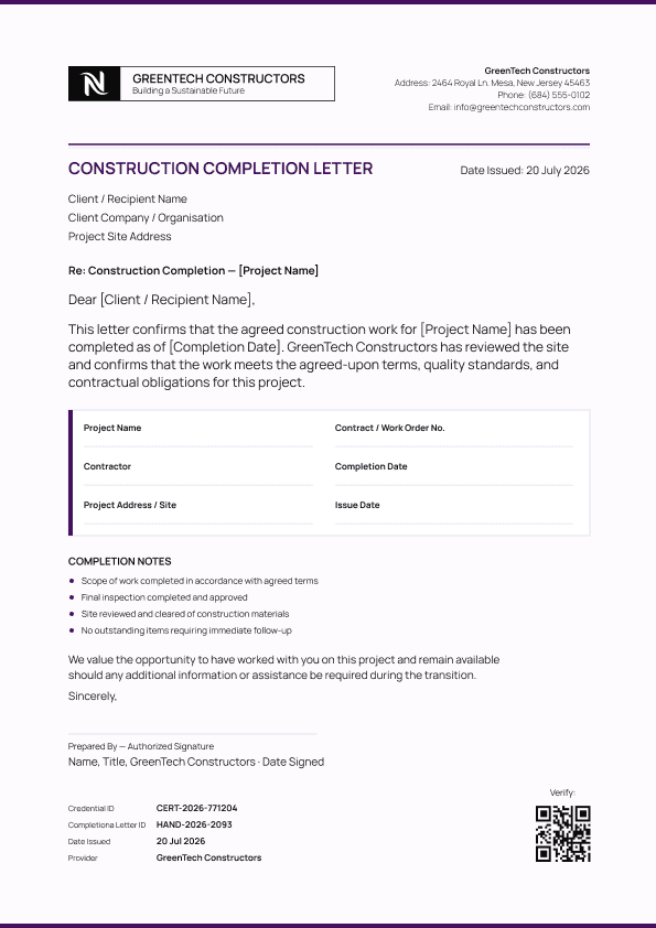 Purple Construction Completion Letter image 1