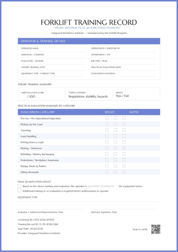 Kennedy Blue Forklift Training Record Template