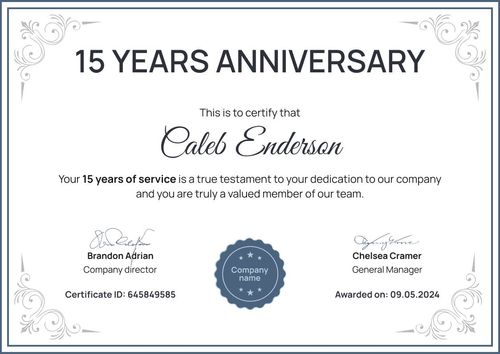 Formal and fancy work anniversary certificate template landscape Formal and fancy work anniversary certificate template landscape