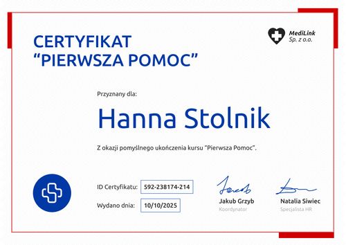 Gotowy do druku certyfikat ukończenia kursu pierwszej pomocy – pozioma Gotowy do druku certyfikat ukończenia kursu pierwszej pomocy – pozioma