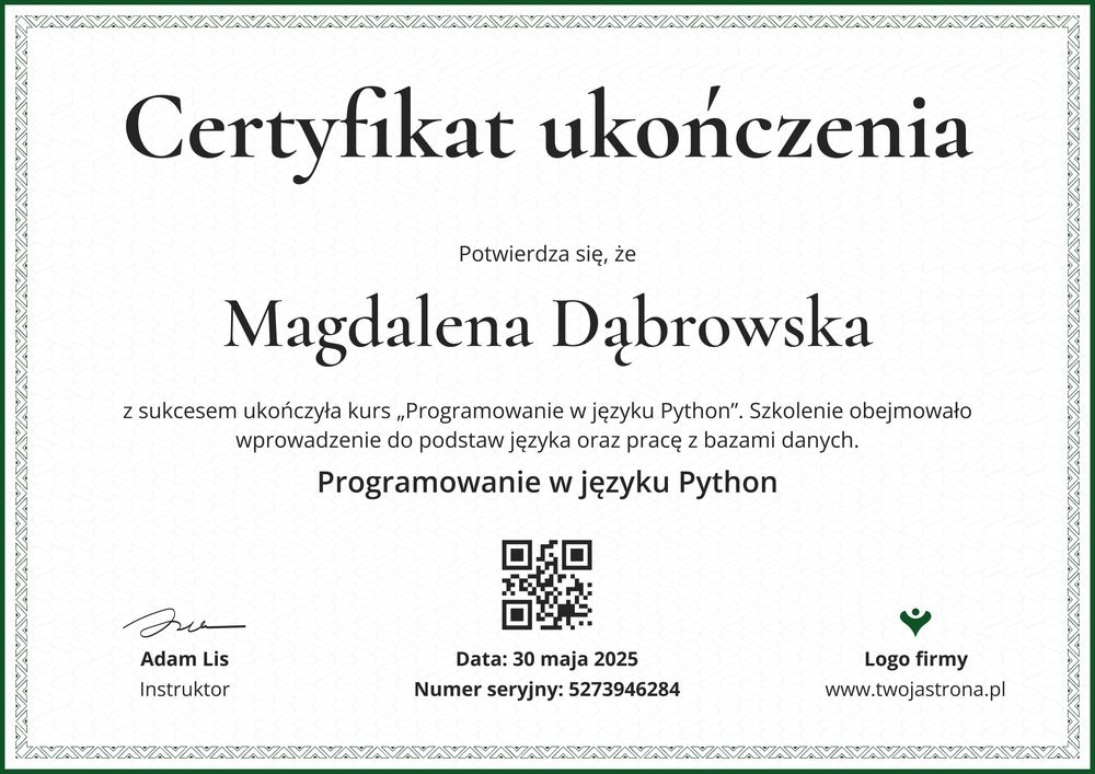 Skorzystaj z darmowego wzoru i edytuj certyfikat ukończenia szkolenia - pozioma Skorzystaj z darmowego wzoru i edytuj certyfikat ukończenia szkolenia - pozioma