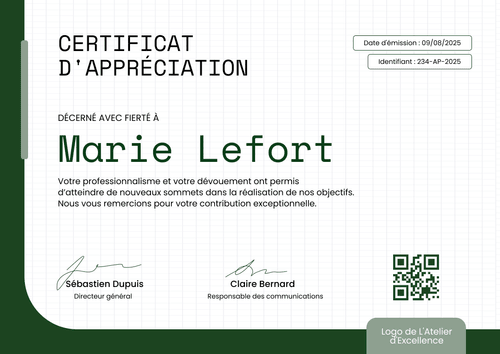 Certificat d'appréciation officiel et professionnel – Paysage Certificat d'appréciation officiel et professionnel – Paysage