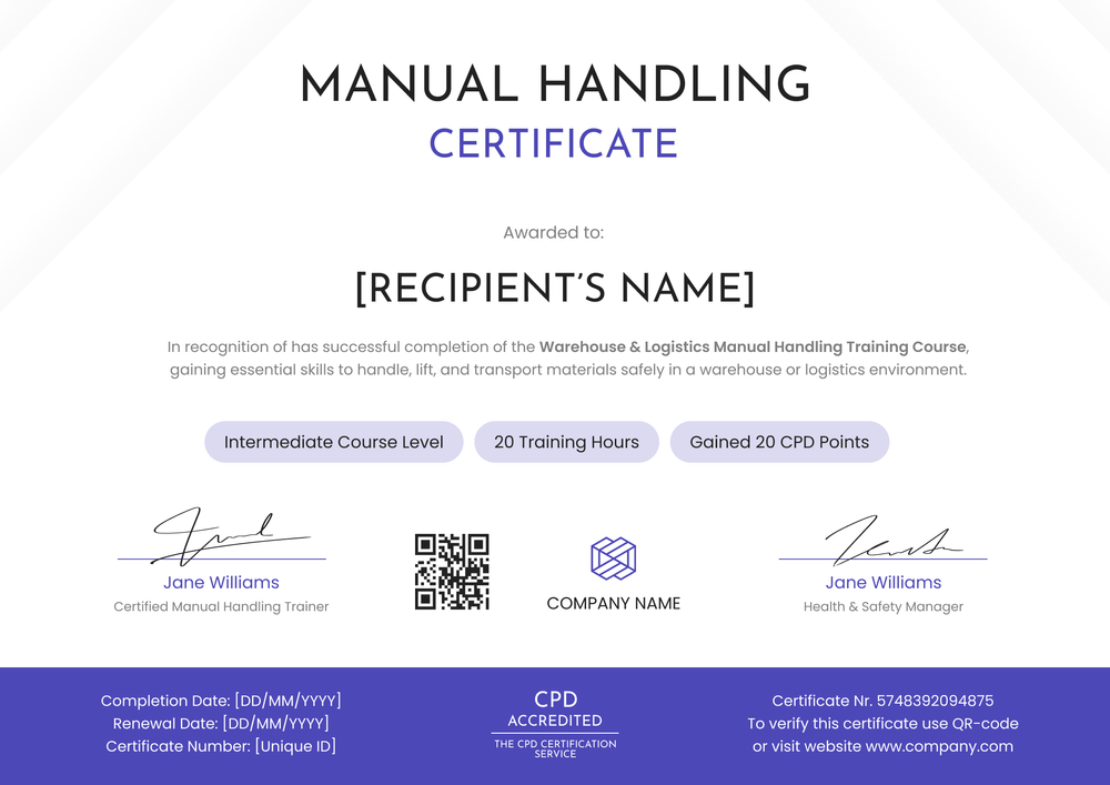 Free Manual Handling Certificate Template - Landscape Free Manual Handling Certificate Template - Landscape