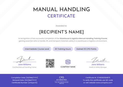 Free Manual Handling Certificate Template - Landscape Free Manual Handling Certificate Template - Landscape