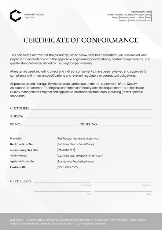 Free Neutral Certificate of Conformance Template - Portrait Free Neutral Certificate of Conformance Template - Portrait