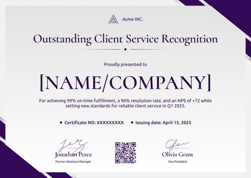 Customer Service Certificate Template — Landscape Customer Service Certificate Template — Landscape