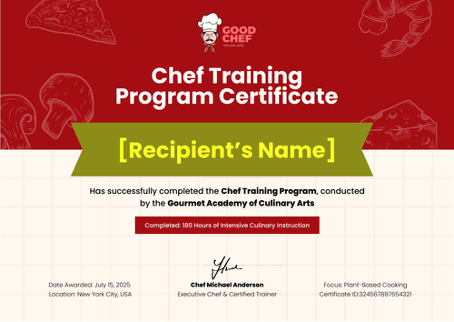 Red Chef Certificate Template for Training - Landscape Red Chef Certificate Template for Training - Landscape