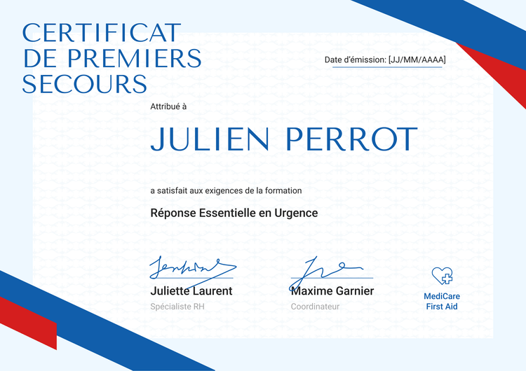 Modèle de certificat de premiers secours professionnel et encadré Modèle de certificat de premiers secours professionnel et encadré