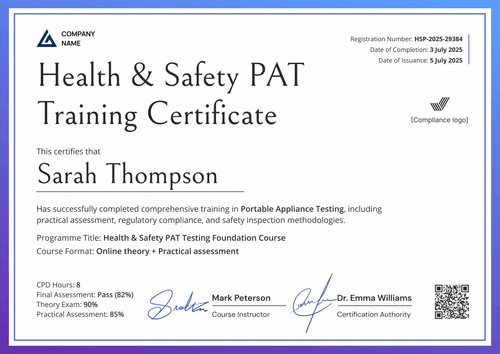 Blue PAT Testing Certificate Template Free to Customize - Landscape Blue PAT Testing Certificate Template Free to Customize - Landscape