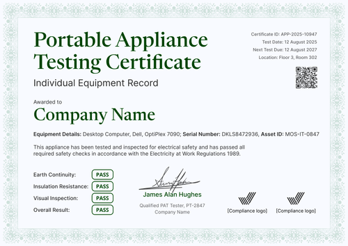 Modern PAT Testing Certificate Template – Landscape Modern PAT Testing Certificate Template – Landscape