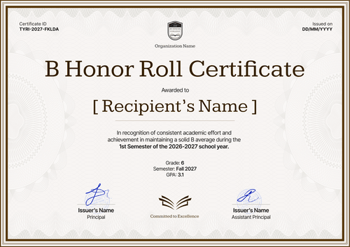 Free B Honor Roll Certificate Template to Edit in Certifier - Landscape Free B Honor Roll Certificate Template to Edit in Certifier - Landscape