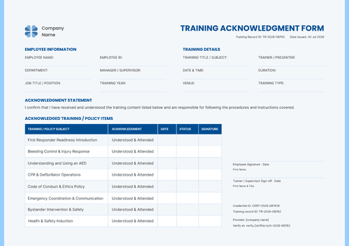 Modern blue training acknowledgement form template Modern blue training acknowledgement form template